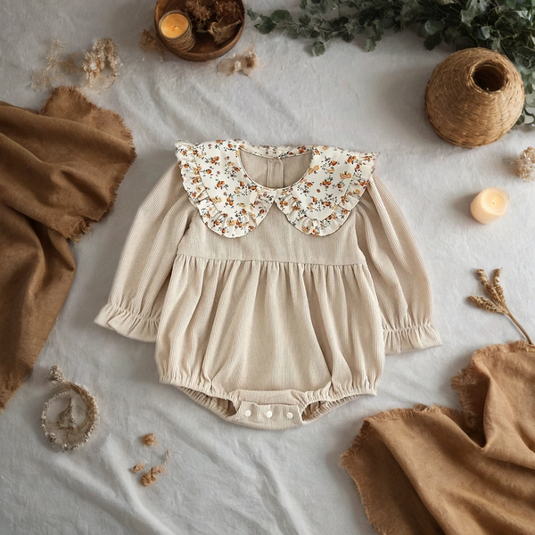 Romperiukas kūdikiui su gėlių rašto apykakle